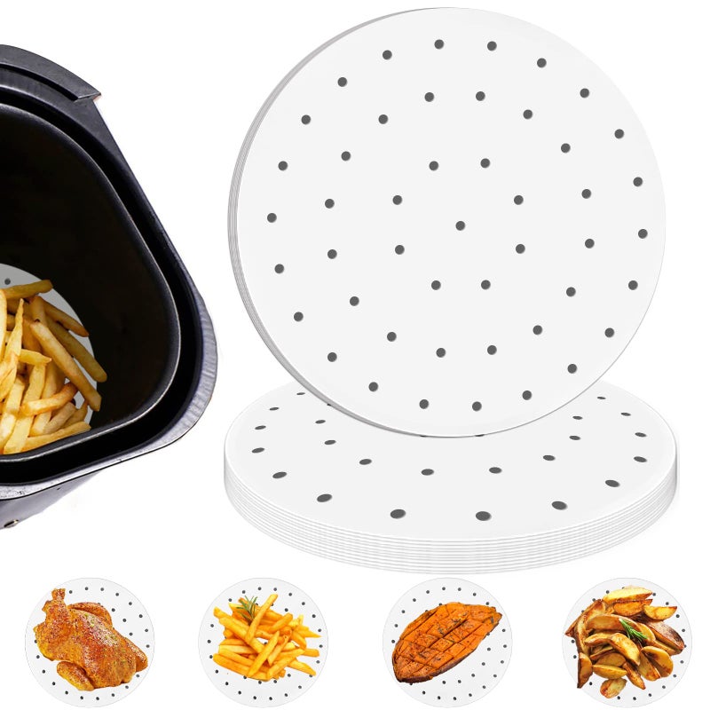 Numola Air Fryer Liners Disposable Parchment Paper, Numola 100 Pcs Airfryer Sheets, 9 Inch White Non-stick Steamer Liner for Oven, Microwave, Bamboos Steaming Basket - Image 1
